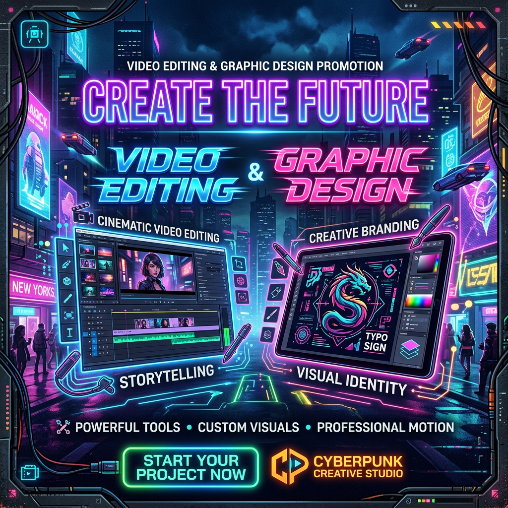 Cyberpunk cityscape with video editing and graphic design tools promoting creative services